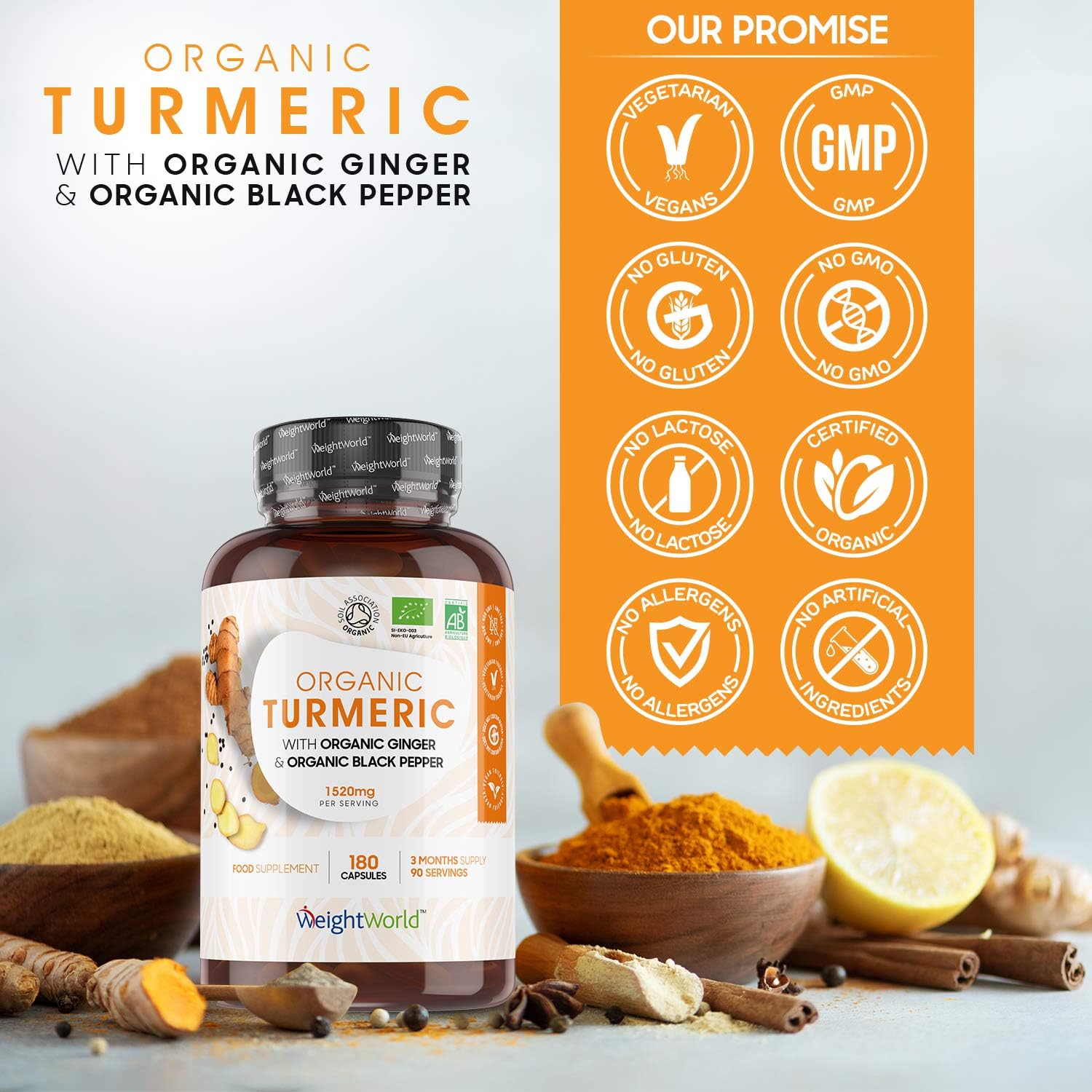 Organic Turmeric Capsules, 180 Capsules, with Organic Ginger & Black Pepper, Turmeric Supplement for Both Men & Women - Image 4