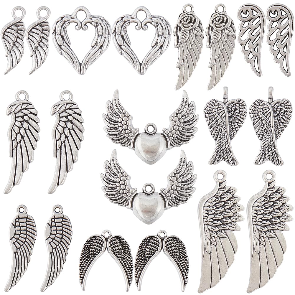 SUNNYCLUE 1 Box 60Pcs 10 Styles Wing Charm Bulk Feather Charms Retro Silver Alloy Heart Angel Wings Vintage Boho Charm for jewellery Making Charms DIY Necklace Bracelet Earrings Valentine's Day