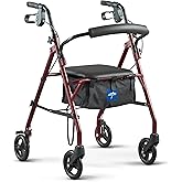 Medline Steel Rollator Walker with Seat, Burgundy, 350 lb. Weight Capacity, 6” Wheels, Foldable, Adjustable Handles, Rolling Walker for Seniors, Walker for Mobility Impaired