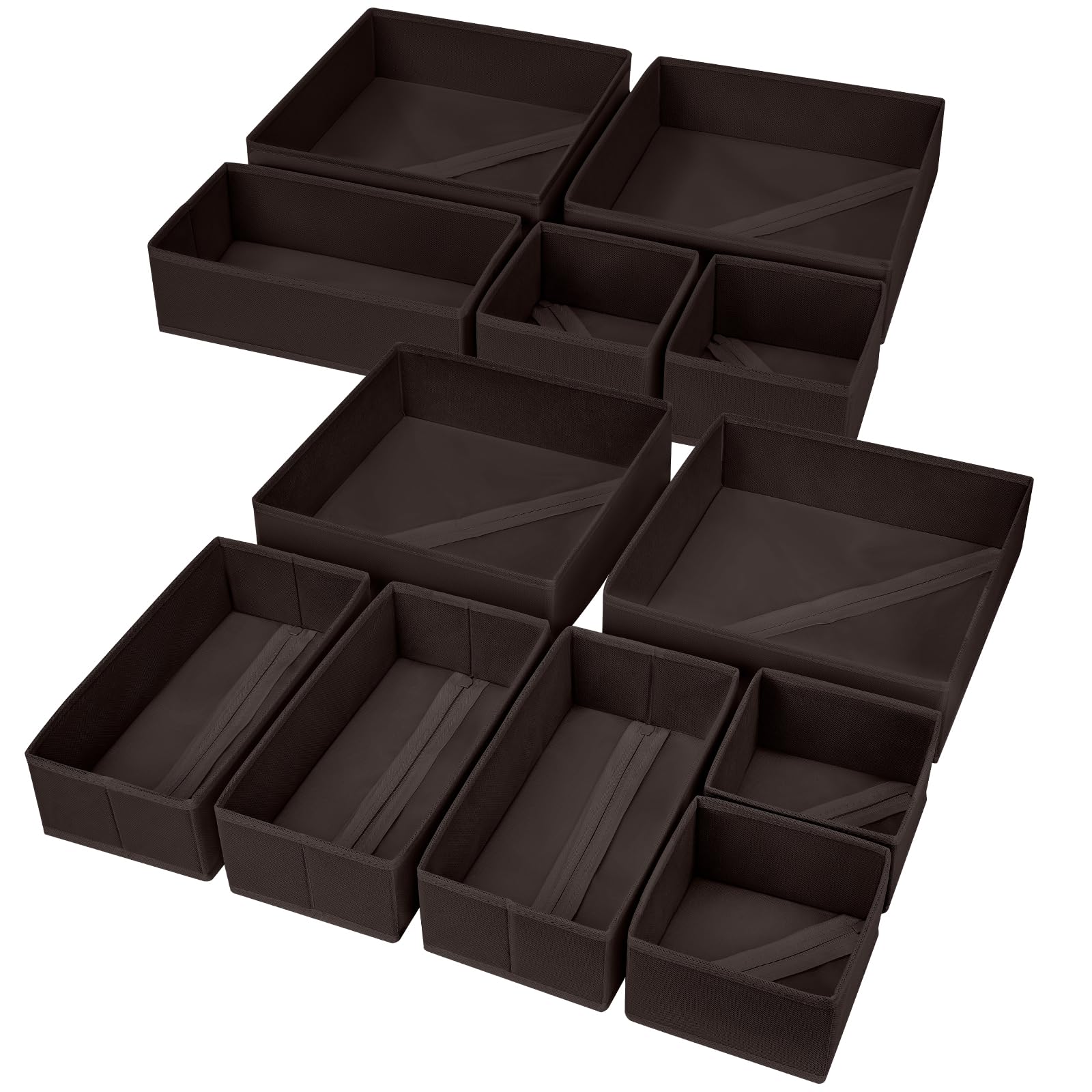 DIMJ 12 Pack Drawer Organisers Foldable Storage Box Fabric Drawer Dividers Wardrobe Organiser Storage Cubes for Bras, Socks, Underwear, Ties, Scarves (Brown)