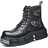EGGDK Men's Leather Gothic Punk Ankle Boots Comfort Round Toe Lace-Up Side Zipper Platform Combat Boots for Concerts Festivals Night Outs And Everyday Edgy Style