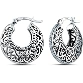 Charmsy 925 Sterling Silver Hoop Earrings | Women's Filigree Hoop Earrings | Openwork Mesh Filigree Cut Earrings | Lightweight Hypoallergenic Vintage Hoop Earrings for Women
