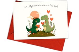 Cute Dinosaur Love Card "You're My Favorite Creature to Roar With" - Funny Romantic Greeting Card for Boyfriend, Girlfriend, 