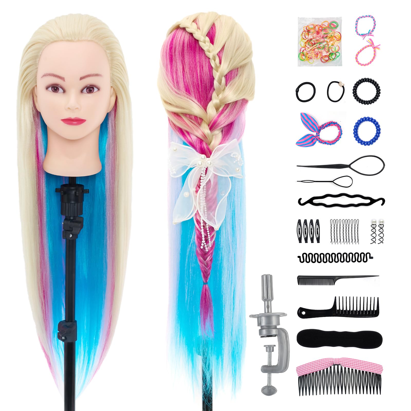 Neverland Beauty Braiding Practice Mannequin Head, 26" Synthetic Hair with Clamp & Braid Accessories for Beginners, Multicolored Training Head