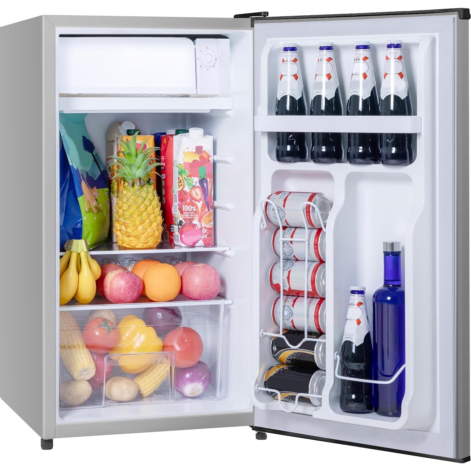 Tehanld 3.2 Cu.Ft Small Fridge with Freezer, Reversible Door Compact Refrigerator, Energy-saving, Low Noise, Mini fridge for Bedroom Dorm,Office and Apartment, Silver