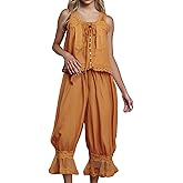 Aonoapll Women Y2k Lace Trim 2 Piece Pajama Set Tie Front Button Tank Top and Long Bloomer Pants Pj Set Loungewear