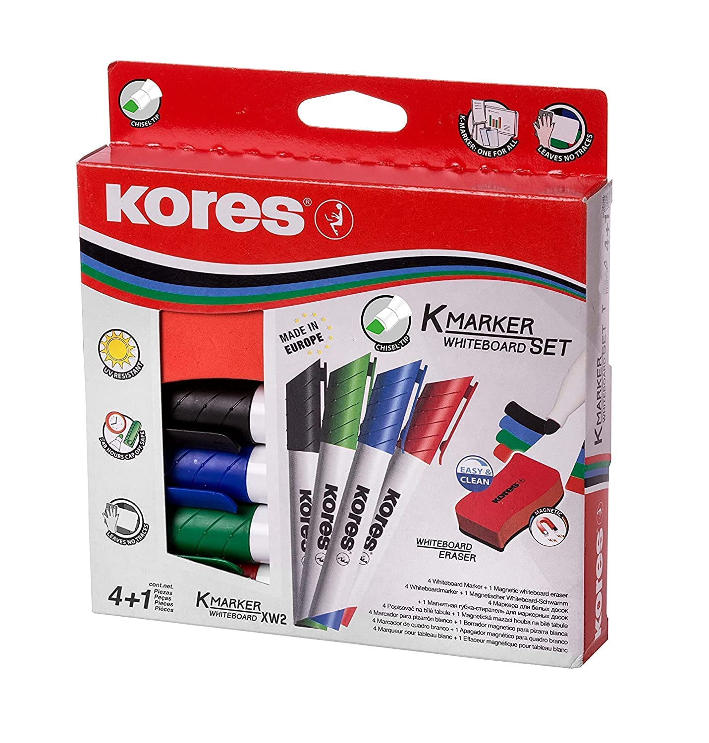 Kores - Coloured Whiteboard Marker Pens - K-Marker XW2, Chisel Tip with Low-Odour Ink, Dry Wipe Marker Pens, Back to School Supplies, Office Supplies - Pack of 5 - 4 Assorted Colours & Magnetic Eraser