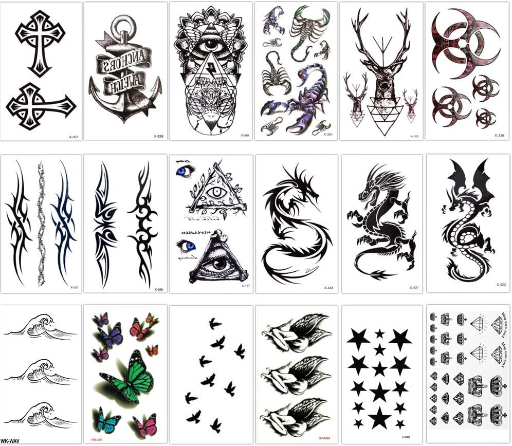 19 Sheets Stick on Small Temporary Tattoos Fake Tattoos Body Art Sticker Cover Up Set, Butterflys, Tribal Dragons Stars Angels Crowns Crosses Waves Anchor Eye Scorpion Birds for Men, Women, Kids