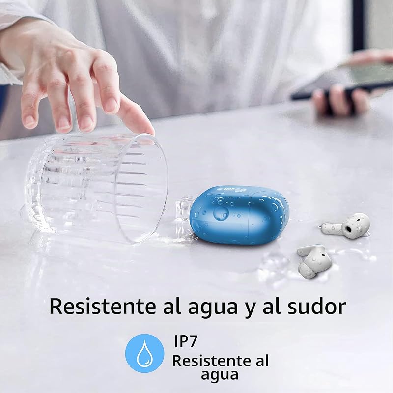 Auriculares Inalambricos, Auriculares Bluetooth 5.3 In Ear con 4 HD Mic, HiFi Estéreo Cascos Inalambricos, 40H de Reproducción In-Ear Deportivos IP7 Impermeable, USB-C, Azul Claro