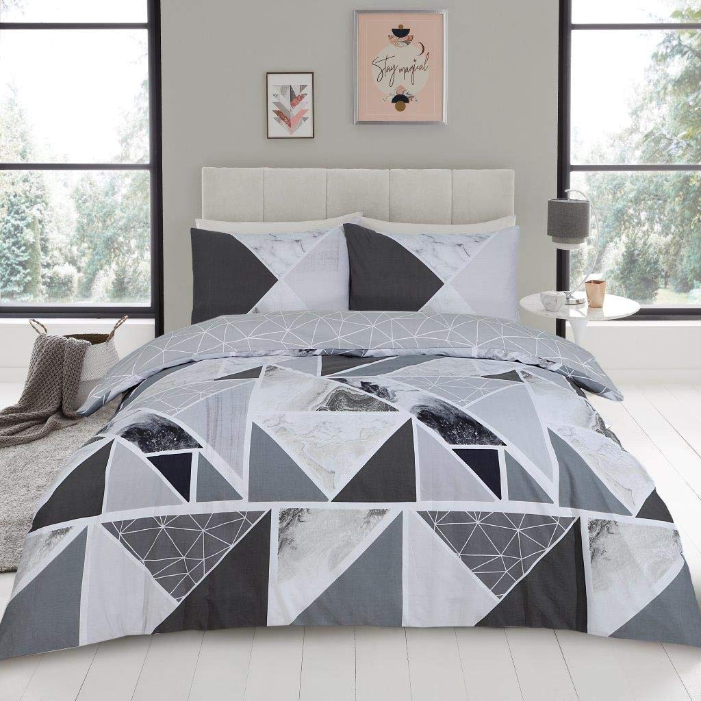 GC GAVENO CAVAILIA Easy Care Geometric Shapes Duvet Cover with Pillowcases, Luxury Stripes Quilt Bedding Set, Mila, Double Size, Blue, Charcoal/Grey