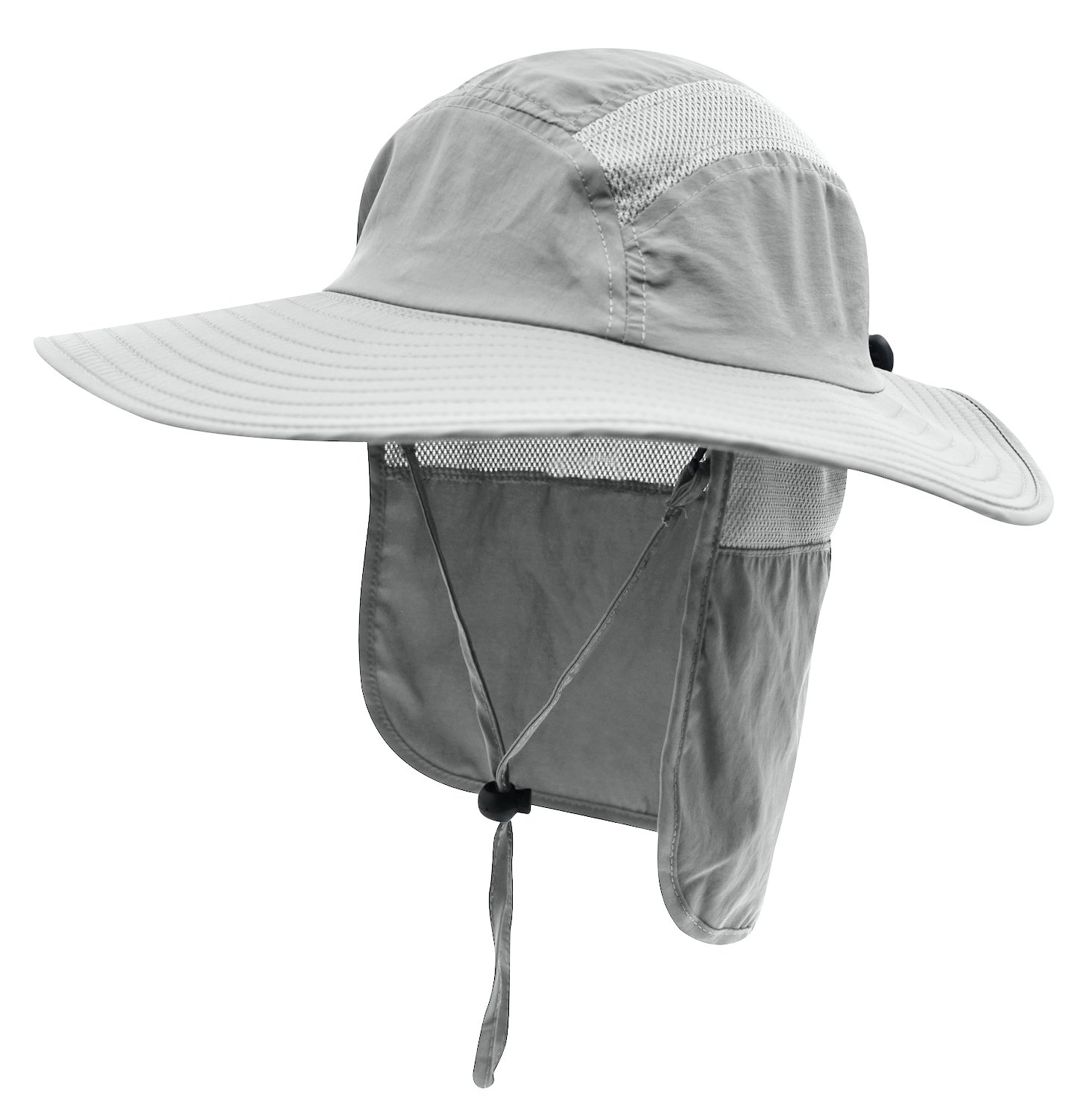 Decentron Outdoor Mens UPF 50+ Sun Protection Cap Wide Brim Bucket Fishing Hat with Neck Flap Sun Hats, Light Gray, L
