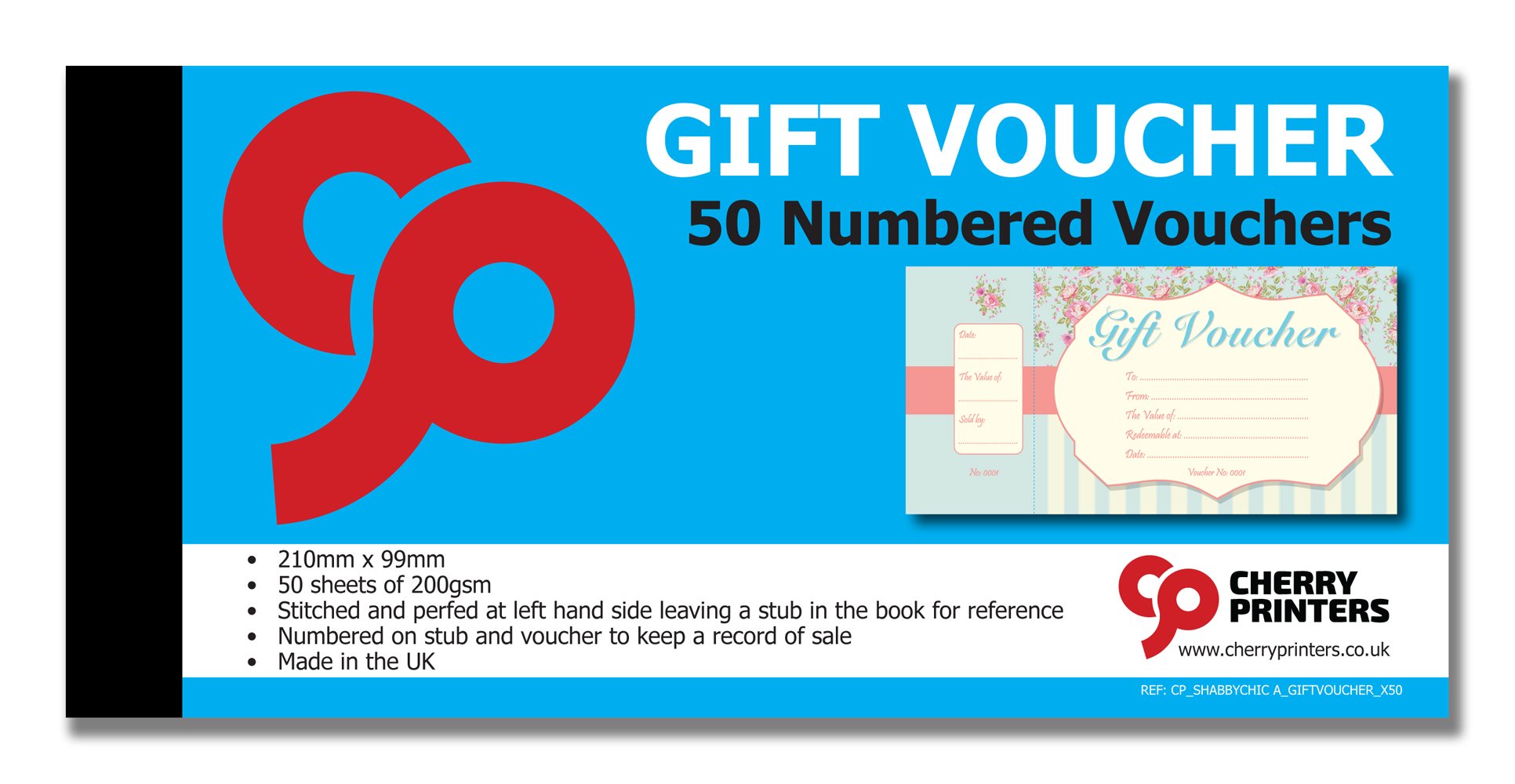 Cherry Printers Shabby Chic/Vintage/Floral Gift Voucher Book with stub 50pages 200gsm 99mm x 210mm