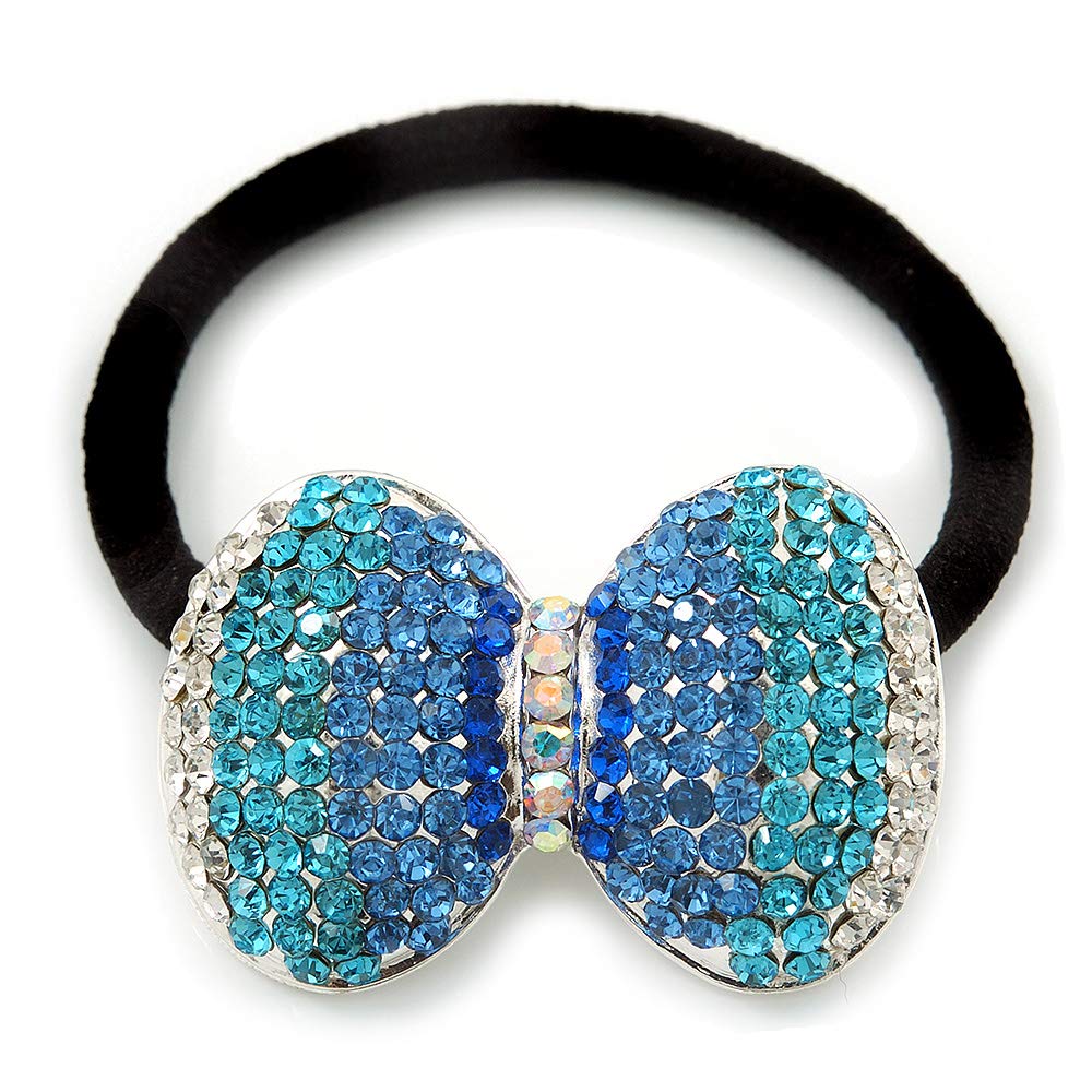 Medium Rhodium Plated Clear/Azure/Blue Crystal Bow Pony Tail Hair Elastic/Bobble