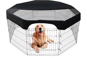 LWFCOEE Dog Pen Cover, Large Top Cover for Pet Playpen Indoor Outdoor, Sun & Rain Proof Pet Fence Cover with Fabric & Mesh Netting for All 24" Wide 8 Panels Pet Exercise Pen, Easy to Assemble, Black