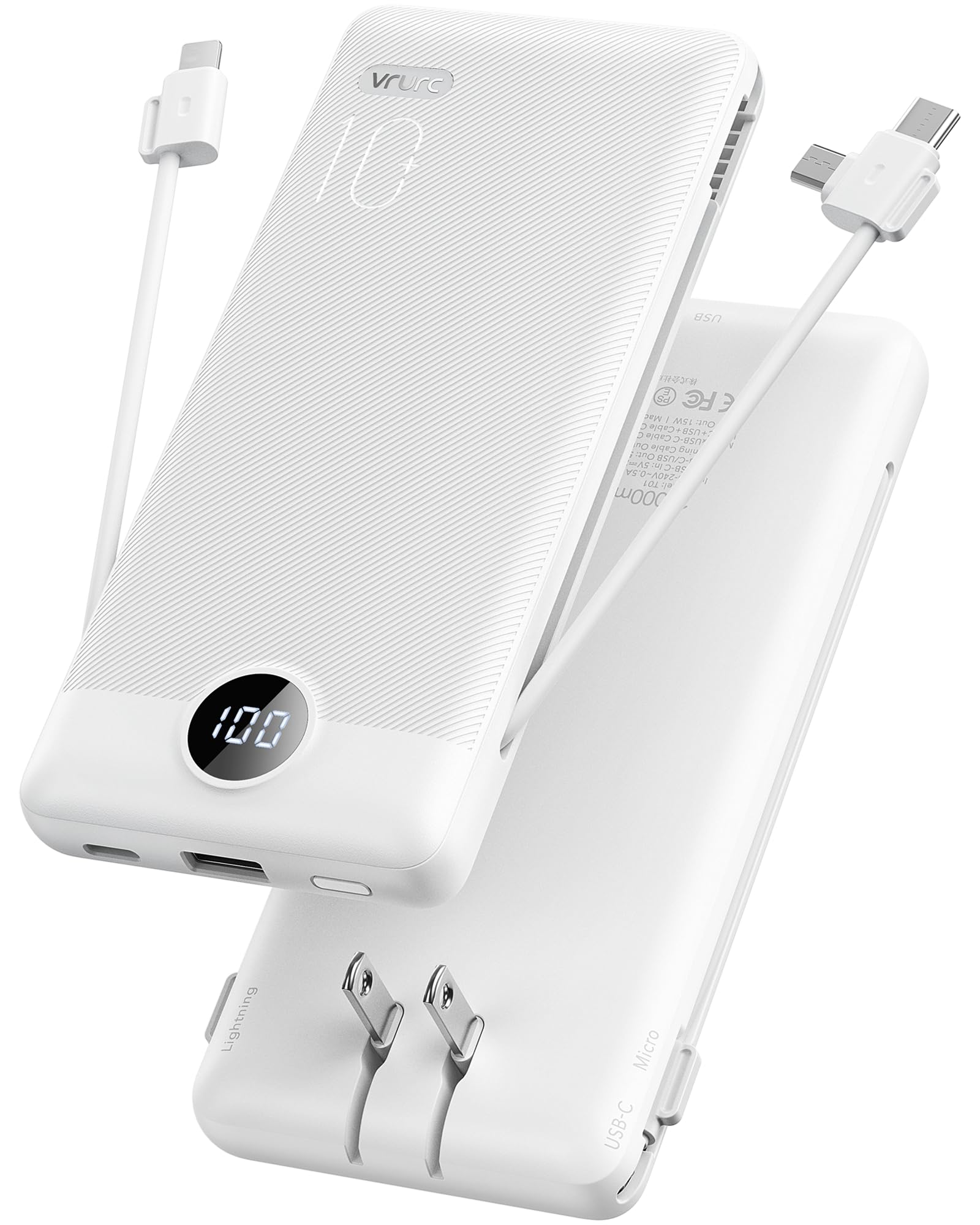 VRURC Portable Charger, Power Bank Built-in Cables and AC Wall Plug