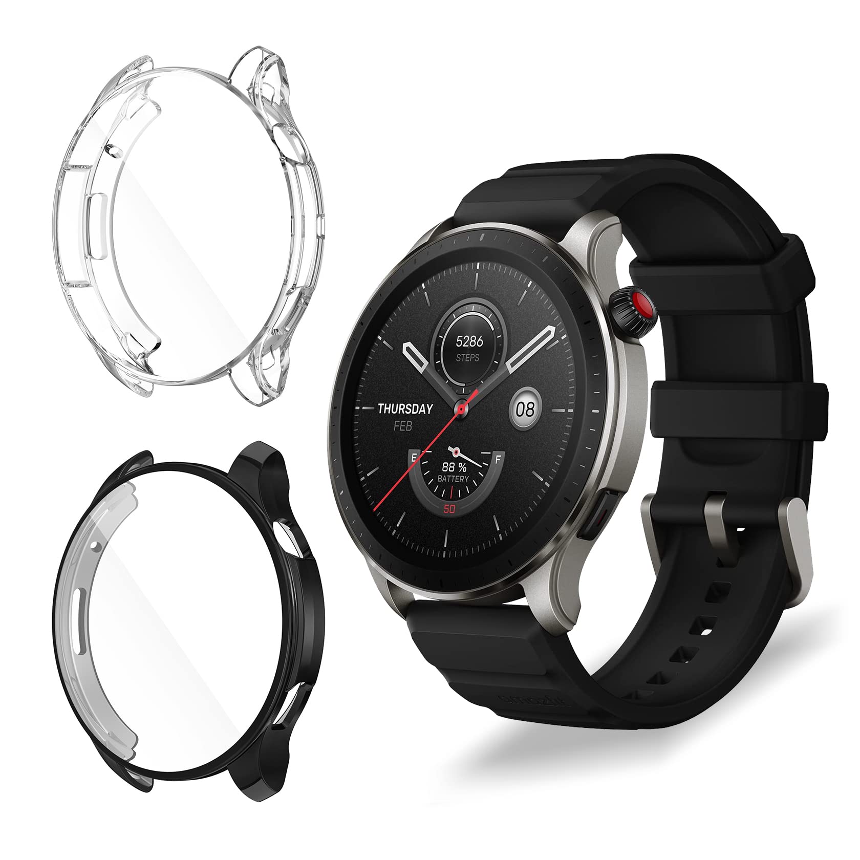 ToVioc 2 Pack Protective Case for Amazfit GTR 4 Cover [Anti-scratch] [Flexible TPU] Case with Screen Protector for Amazfit GTR 4 - Black & Transparent