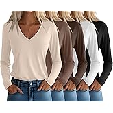 Huukeay 5 Pack Women's T-Shirts V Neck Long Sleeve Tops Casual Loose Fit Layering Shirts Flat Hem Basic Plain Work Tees