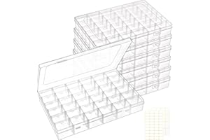 QUEFE 7 Pack 36 Grids Clear Plastic Organizer Storage Box Container, Craft Storage with Adjustable Dividers for Beads, Art DIY, Crafts, Jewelry, Fishing Tackle with Label Stickers
