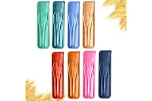 HMDZMR Travel Utensils Set with Case, 8 Sets Camping Utensils Reusable Wheat Straw Utensils Set With Case, Knife Spoon and Fork Set for Lunch Box