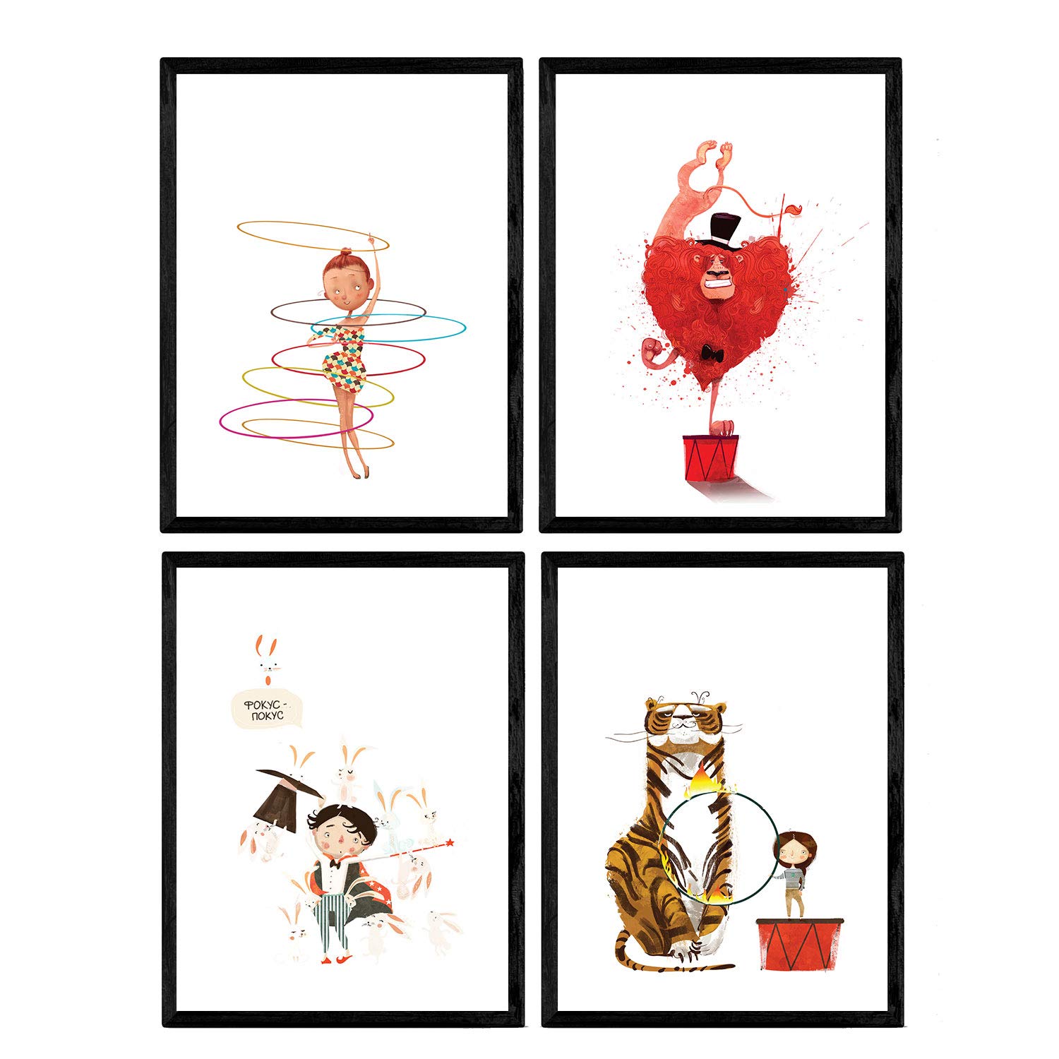 Nacnic Circus posters with illustrations. Acobata Tiger Clown Magician. Children at the circus. Decorative plates. A4 size
