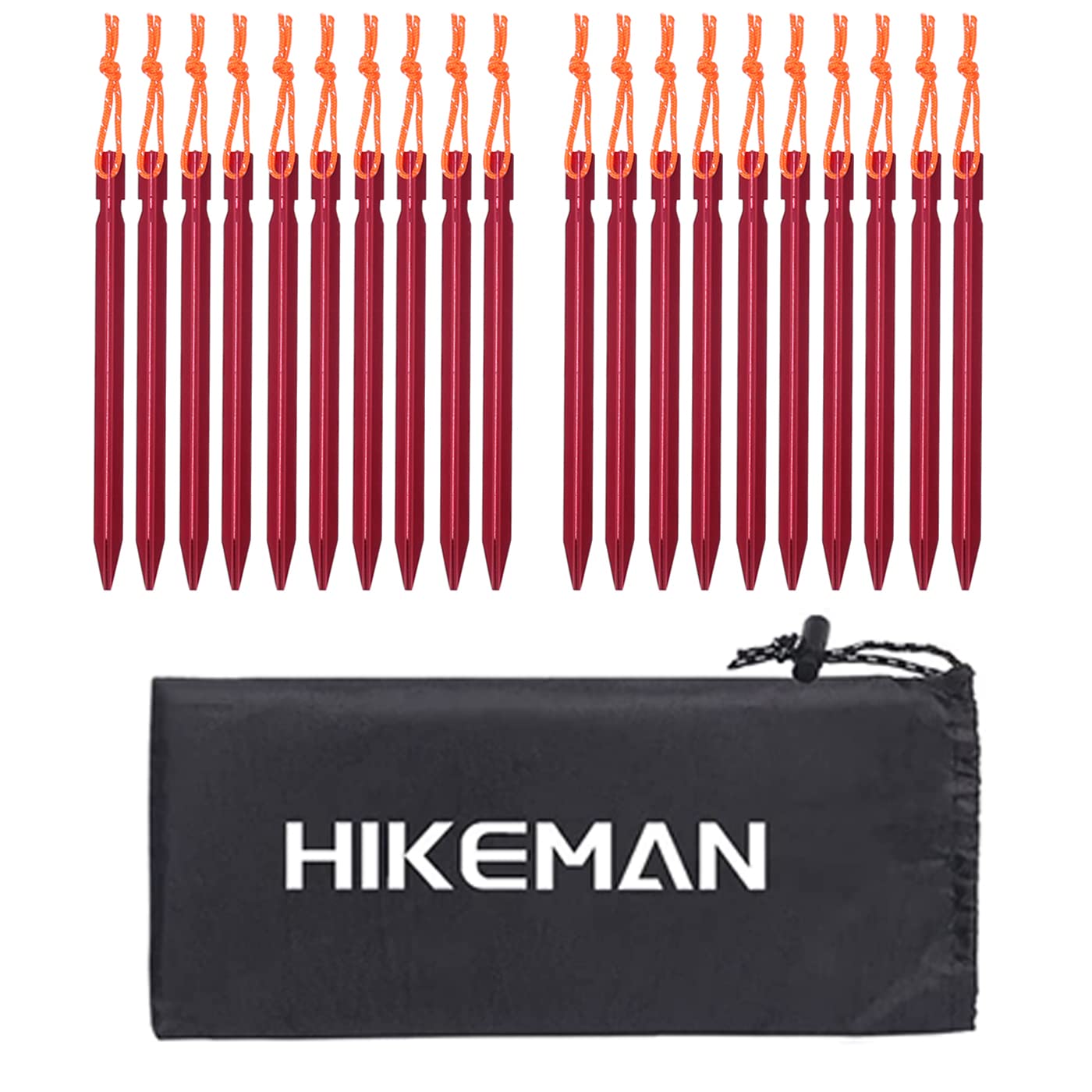 HIKEMAN 20 Pack Tent Pegs Aluminium Alloy Tent Stakes with Drawstring Bag For Outdoor Camping Trip Hiking Beach Heavy Duty(Red)