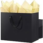 SHIPKEY 3 Pack Extra Large Black Gift Bags with Gold Tissue Paper, 16x6x12 Inches Kraft Paper Shopping Bags with Ribbon Handles for Birthday, Wedding, Party, and Holiday Gifts