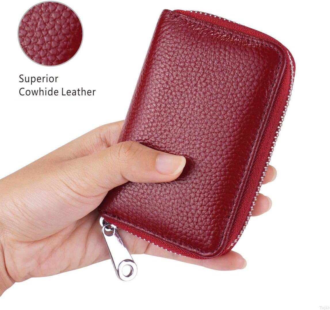 RFID Blocking Leather Wallet for Women,Excellent Women's Genuine Leather Credit Card Holder Ladies Small Blocked Accordion Wallets with Stainless steel Zipper Compact Accordian ID Cards bag Wine Red - Image 4
