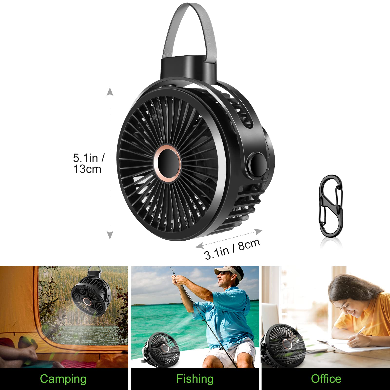 Odoland 2 Packs 10000mAh Camping Rechargeable Fan with Hanging Hook Carabiner, Portable Battery Operated Tent Fan, Quiet Strong Airflow, Outdoor USB Desk Fan for Picnic Travel Barbecue Fishing