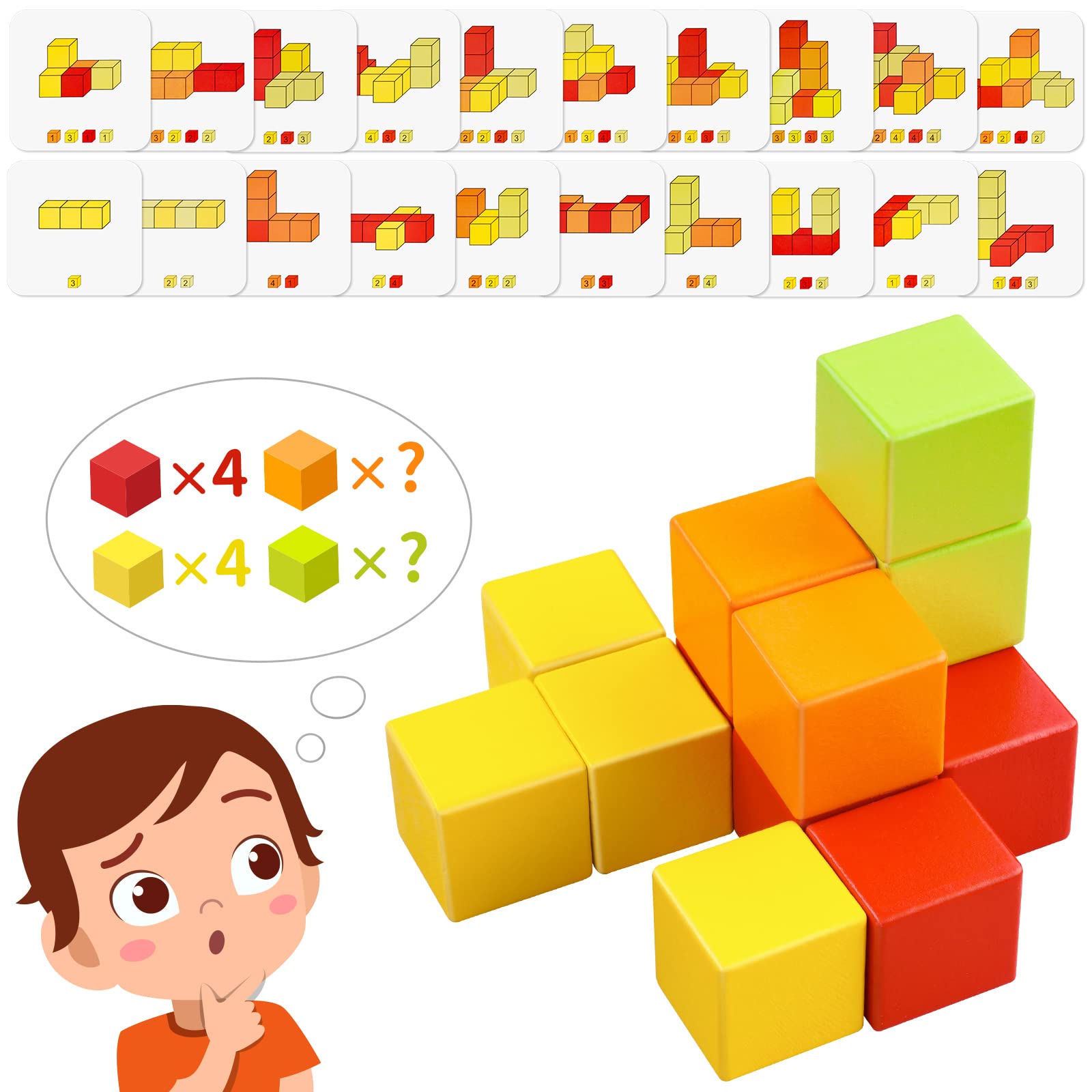 NiToy Wooden Cube Toy 16PCS Building Blocks for Kids 40 Pattern Cards and Storage Pouch, 4 Colors 3D Space Stacking Game STEM Educational Preschool Learning Sensory Toy Counting Math Color Cognition