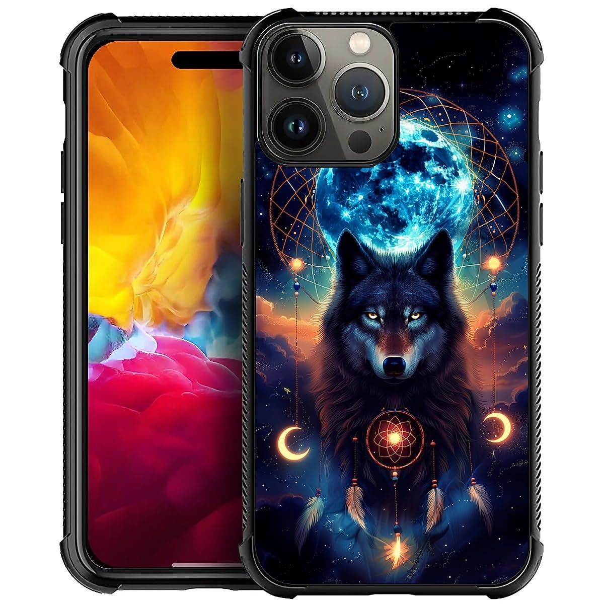 Photo 1 of Goodsprout Compatible with iPhone 15 Pro Case,Blue Moon Wolf Dreamcatcher Starry Night Amazing Pattern Design Shockproof Anti-Scratch Hard PC Back Case for iPhone 15 Pro
