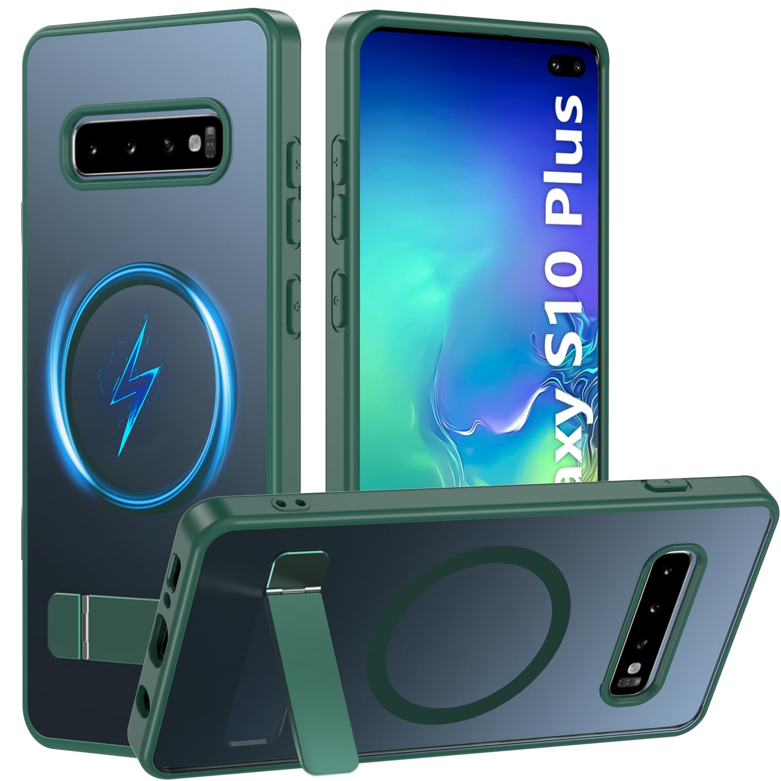 Photo 1 of BESINPO Magnetic Case for Samsung Galaxy S10 Plus, [Built-in Invisible Kickstand][Military Grade Shockproof] Slim Translucent Matte Phone Case for S10+ 6.4 inch (Green)