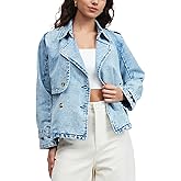 EZAPINE Denim Jacket for Women Lapel Double Breasted Oversized Jean Jacket Fall Casual Trendy Trench Coat with Pockets