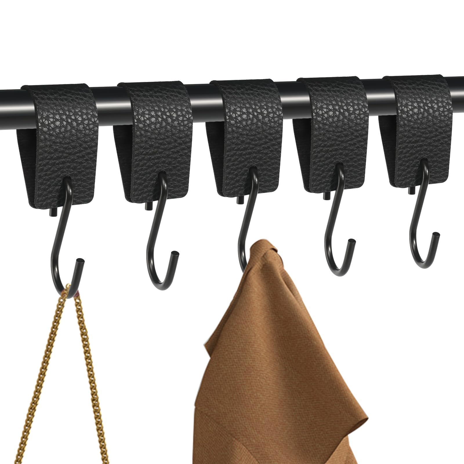 CAINCAY S Hooks with Leather Loop, 5 Pcs S Shaped Hooks Hanging Hooks Hangers Coat Hooks Camping Hooks Multifunctional Hooks for Clothes Rail Wardrobe Kitchen Bathroom