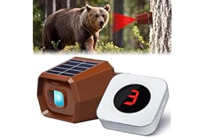 JSIEEM 3000Ft Solar Powered Wireless Driveway Alarm Outside Weatherproof Motion Sensor Detector for Home Security Driveway Alert with Digital Display 36 Melodies 4 Volume Levels-Brown