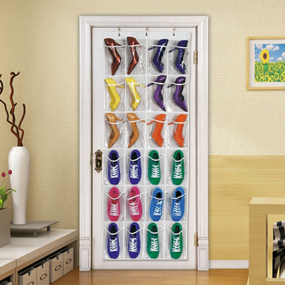 24 Pockets Over The Door Shoe Organizer Crystal Clear Hanging Storage Bag with 3 Hooks by Hippih