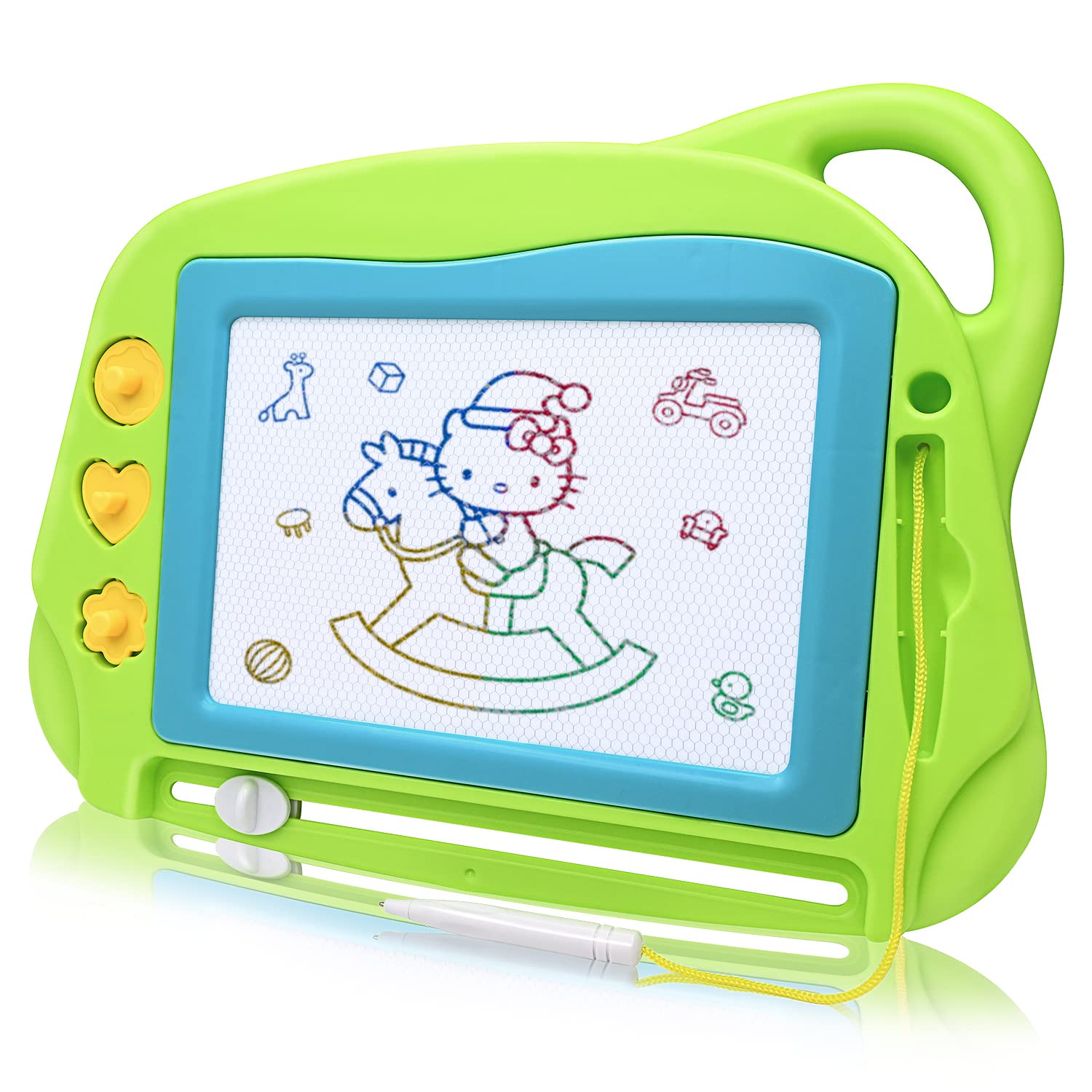 AiTuiTui Travel Size Magnetic Drawing Doodle Board for Toddlers, Colorful Writing Tablet-Mini Erasable Etch Sketching Pad with 3 Stamps and 1 Pen Educational Toys for Kids 3 4 5- Green