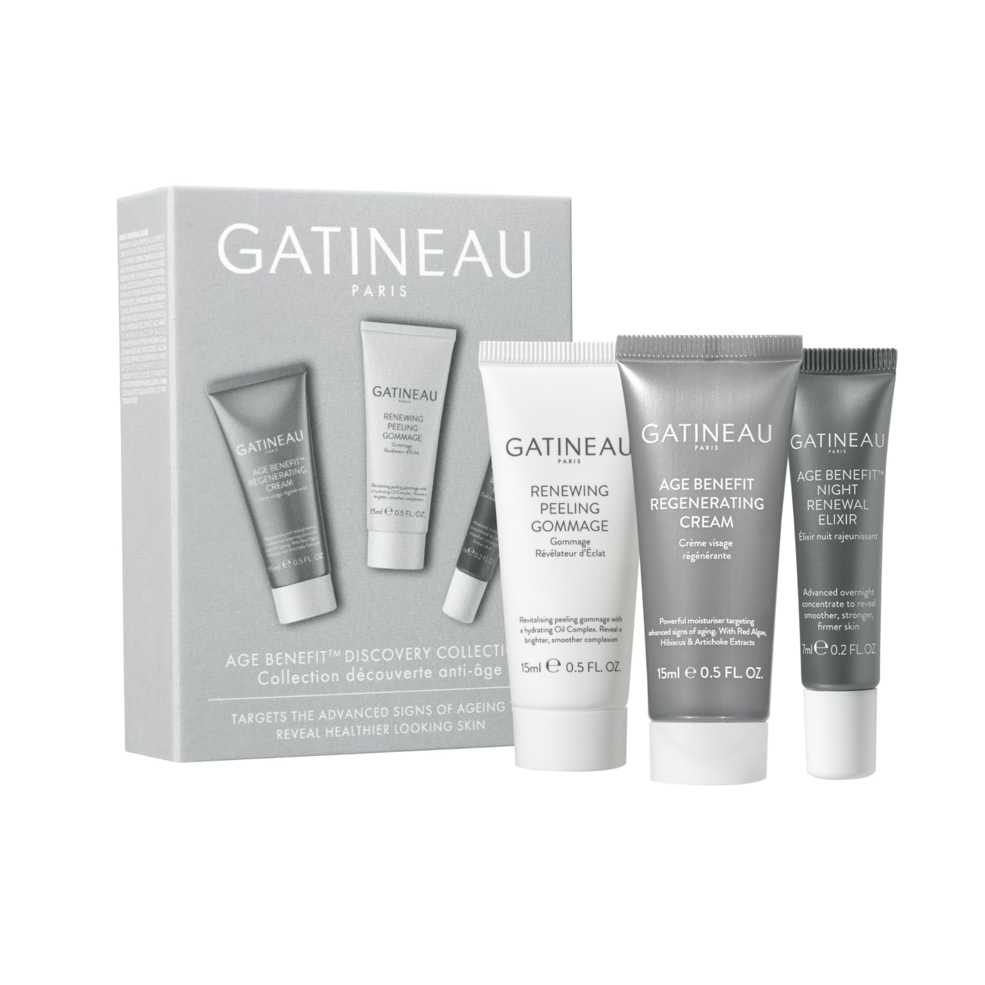 Gatineau - Age Benefit Discovery Collection - Face Cream, Peeling Exfoliator & Night Renewal Elixir, Travel or Trial Gift Set
