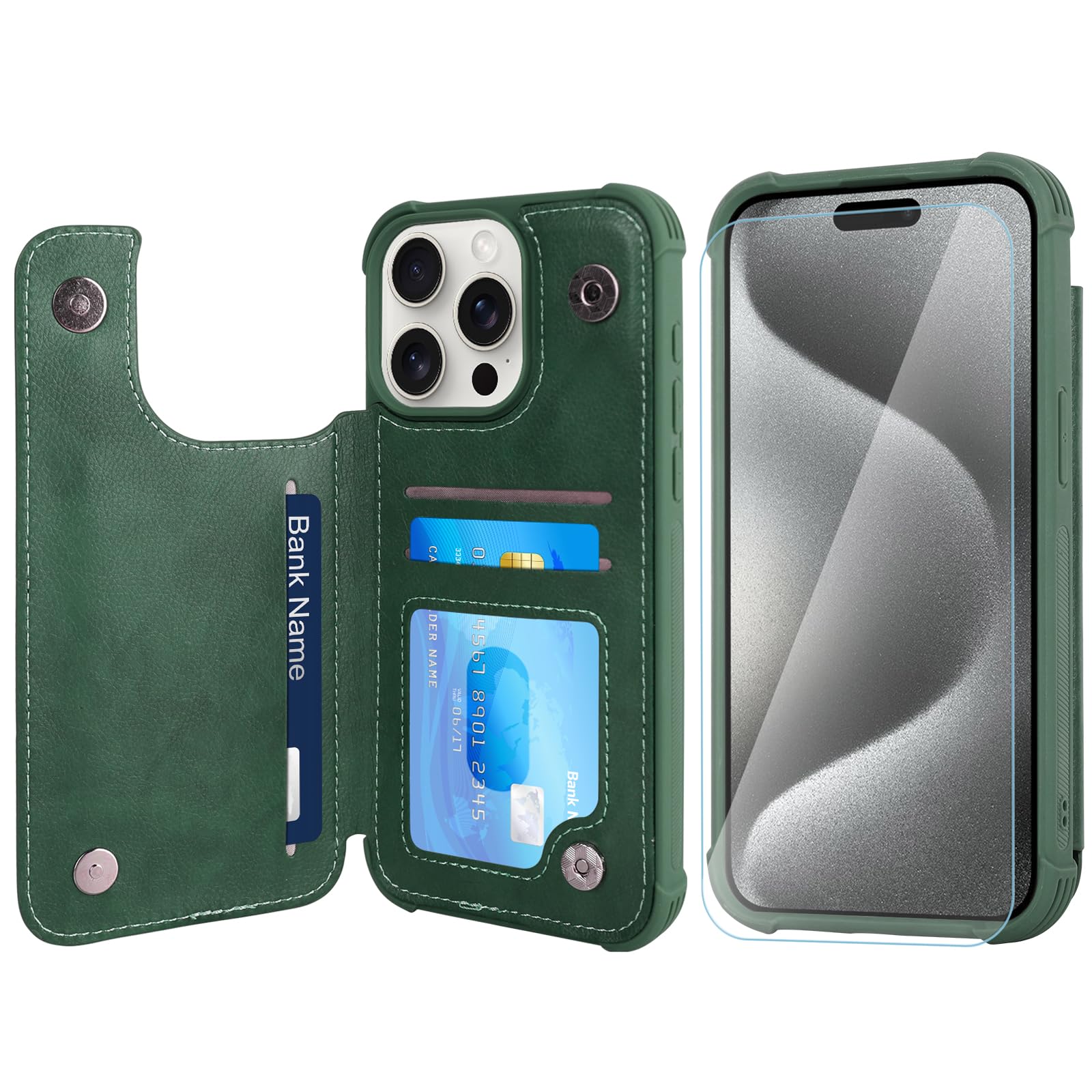 VANAVAGY Wallet Case Compatible for iPhone 15 Pro Max,Leather Flip Folio Shockproof Phone Cover Fit Magnetic Car Mount [Screen Protector Included] with Credit Card Holder, Forest green