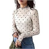 SHENHE Women's Polka Dots Mock Neck Mesh Top Trendy Long Sleeve Lettuce Trim T Shirts