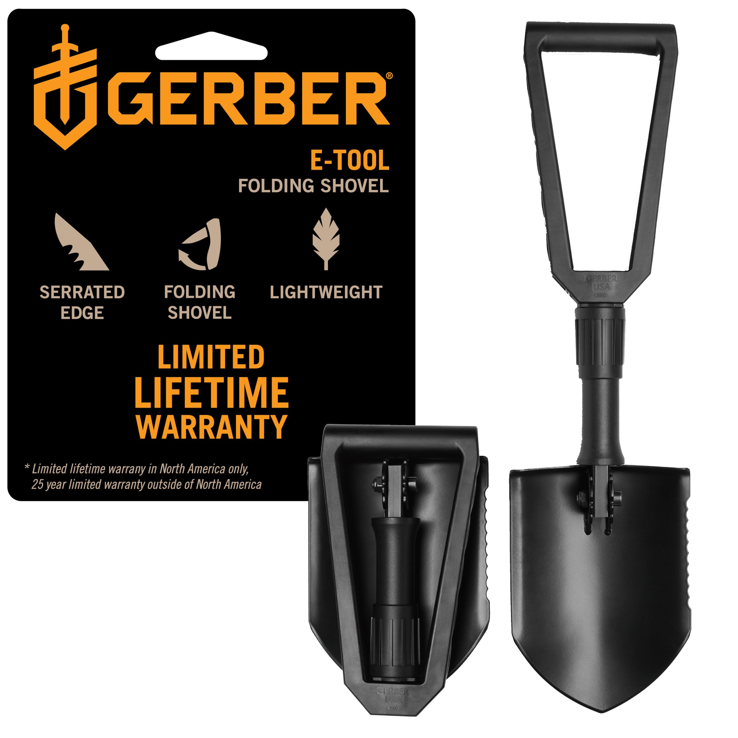 Gerber Gear Herramienta electrónica de pala plegable táctica de estilo militar, pala multiusos para camping y emergencia para coche con borde dentado, equipo de supervivencia compacto, color negro