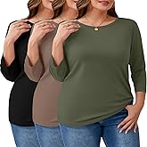 Ficerd 3 Pack Plus Size 3/4 Sleeve Tops for Women Round Neck T-Shirt Trendy Basic Tee Cozy Loose Blouse XL-5XL