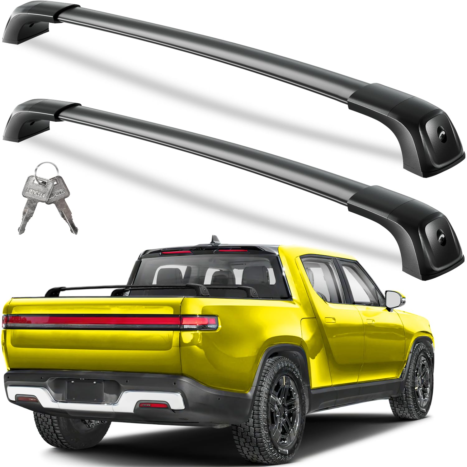Photo 1 of Wonderdriver Lockable Roof Rack Cross Bars Compatible with Rivian R1T 2022 2023 2024 2025,Truck Pickup Bed Heavy Duty 260lbs Aluminum Roof Rails Crossbars Cargo Black Rooftop Cargo Carrier Luggage