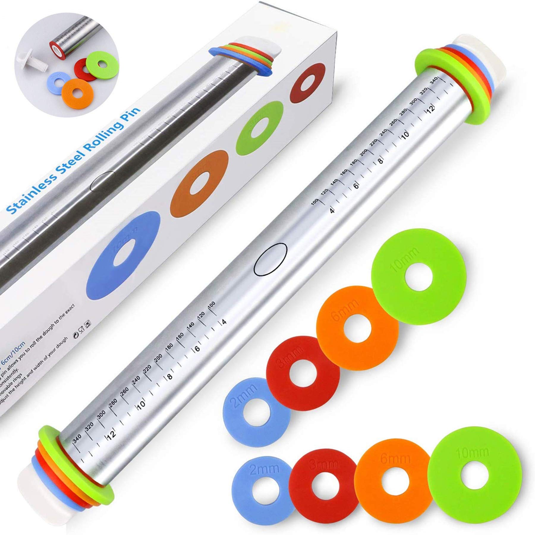 FUKTSYSM Rolling Pin - Stainless Steel Cookie Rolling Pin 17 in Adjustable Stainless Steel Rolling Pins for Baking Cookie Chapati Fondant Dough Pastry Pizza Pie Crust