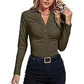 LYANER Women's Rib Knit Collar Deep V Neck Ruched Buttons Long Sleeve Bodysuit Leotard Top