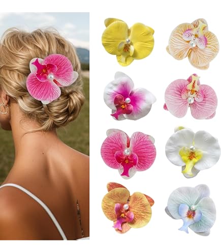 Flower Hair Clips 12 Pcs Hawaiian Tropical Orchid Bohemian Summer Vacation Acces Amazon.com : 12 Pack Flower Clip for Women, Hawaiian  main image 3
