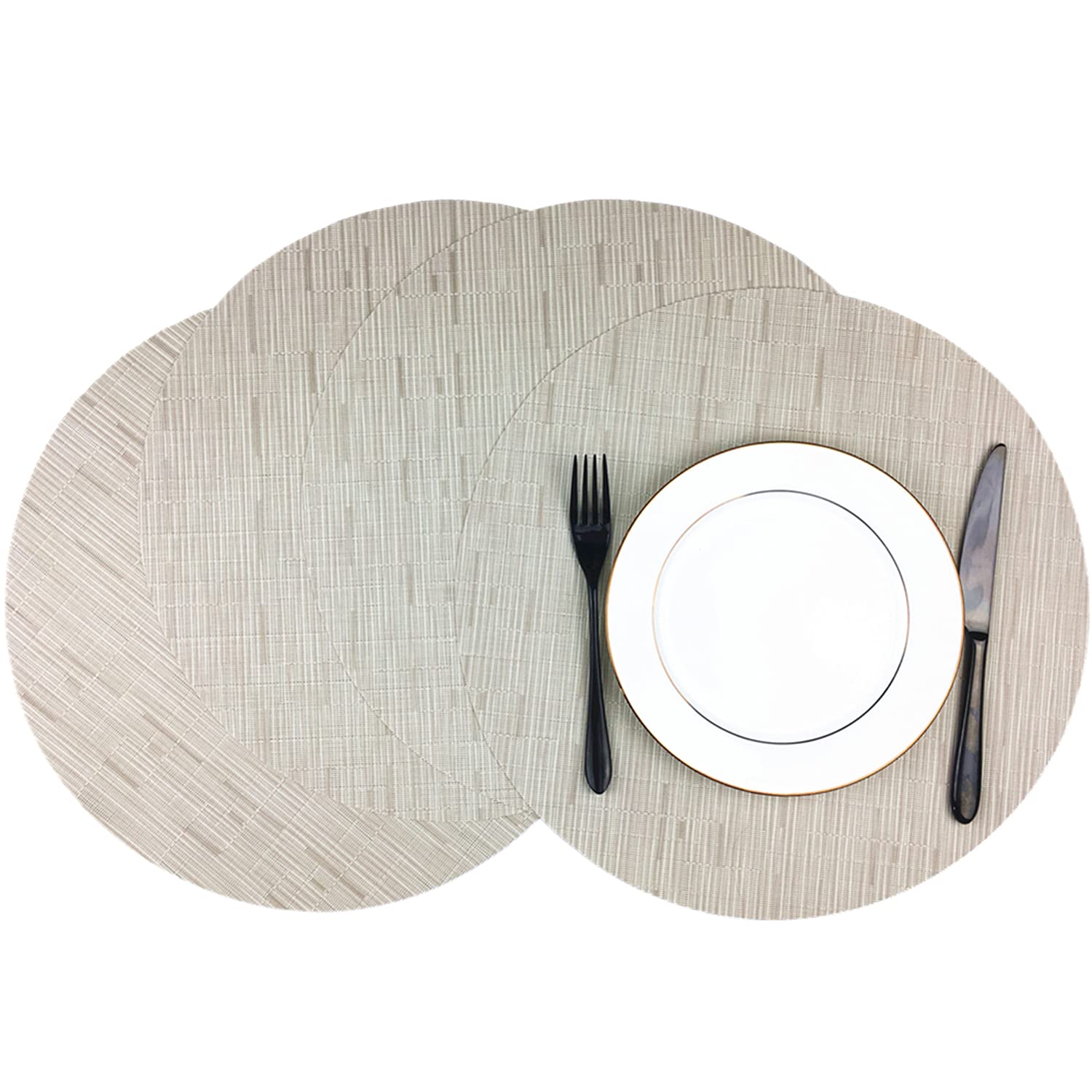 WAZAIGUR Round Placemats Set of 4 Woven Vinyl Easy to Clean Heat Resistant Kitchen Table Mats 15 Inch(Cream 4)