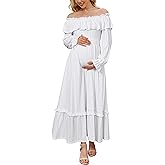 OUGES Women's Cotton Blend Off Shoulder Maternity Dress for Photoshoot Puff Sleeve Ruffle Baby Shower Maxi Dresses