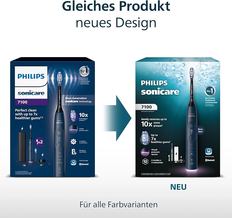 Sonicare 7100 elektrische Zahnbürste, Schallzahnbürste mit App, 4 Putzmodi, 3 Intensitätsstufen, Andruckkontrolle, EasyStart, SmarTimer, Marineblau, Modell HX7423/01 [Neue Technologie]