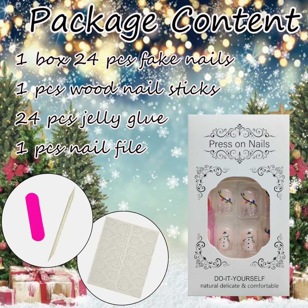 24Pcs Christmas Glitter Silver French Tip Press on Nails - Short Square False Christmas Press ons Coloured Light Xmas Hat Full Cover Fake Snowman Glue on for Winter Acrylic - Image 5