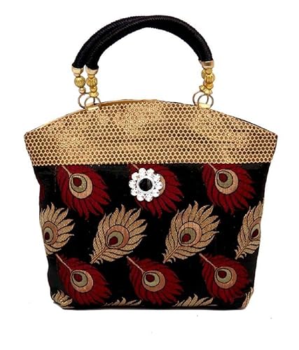 Women/Ladies/Girl Mini Handbag 10 * 10 Inches In Peacock Print Stylish Design With Fancy Brocade By Hazle Avenue